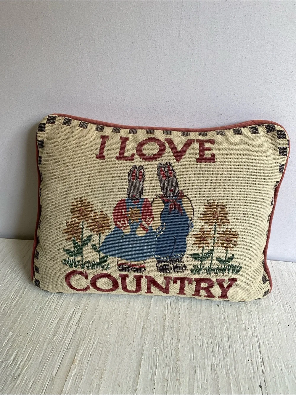 I Love Country Bunny Tapestry Pillow - Cream, Red, Blue